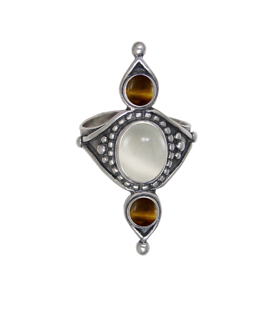Sterling Silver Royal Ring With White Moonstone And Tiger Eye Size 9